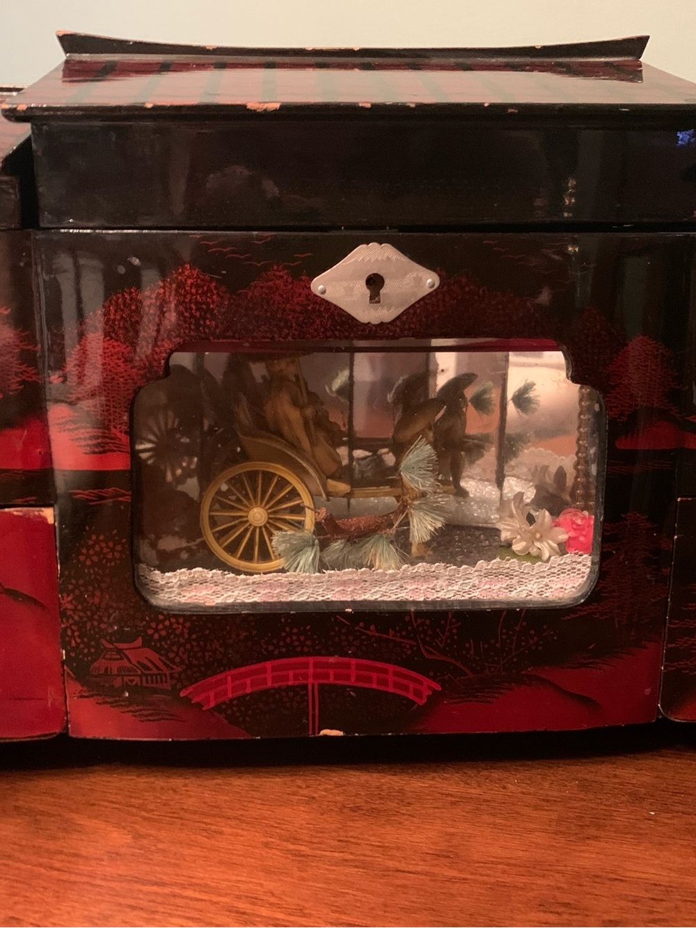 Vintage Black and Red Lacquer Music Box with Scenic Diorama